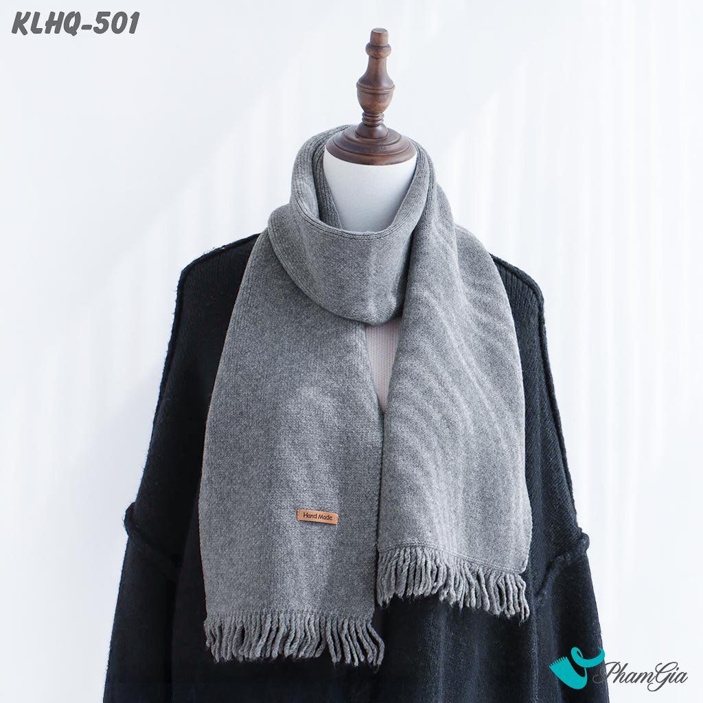 Khăn Len Giữ Ấm Phối Tua Rua Phong Cách Hàn Quốc Màu Xám Ghi (KLHQ501)