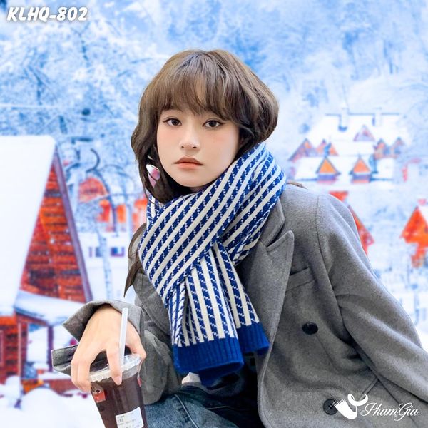 Khăn Len Giữ Ấm Phong Cách Hàn Quốc Phối Sọc Màu Xanh Coban (KLHQ832)