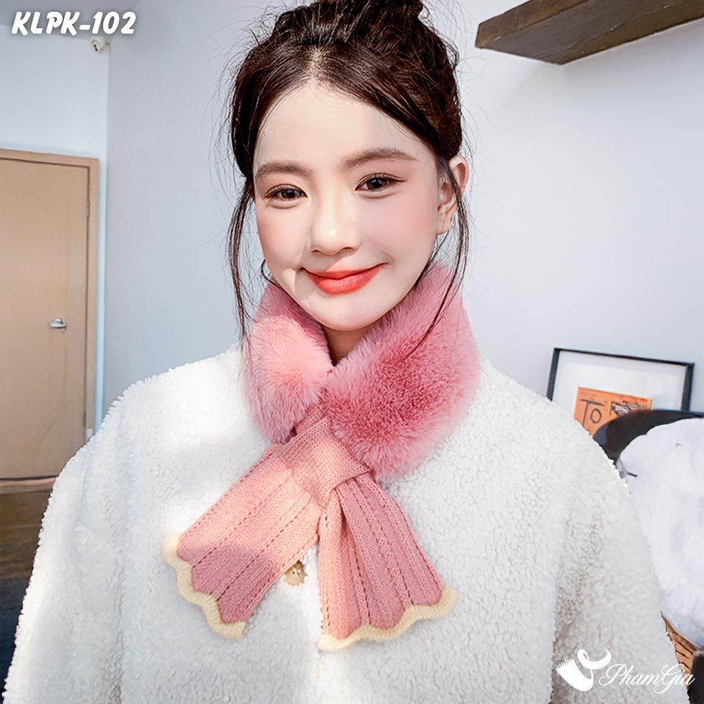Khăn Len Phụ Kiện Phối Lông Mềm Phong Cách Hàn Quốc Màu Hồng (KLPK102)