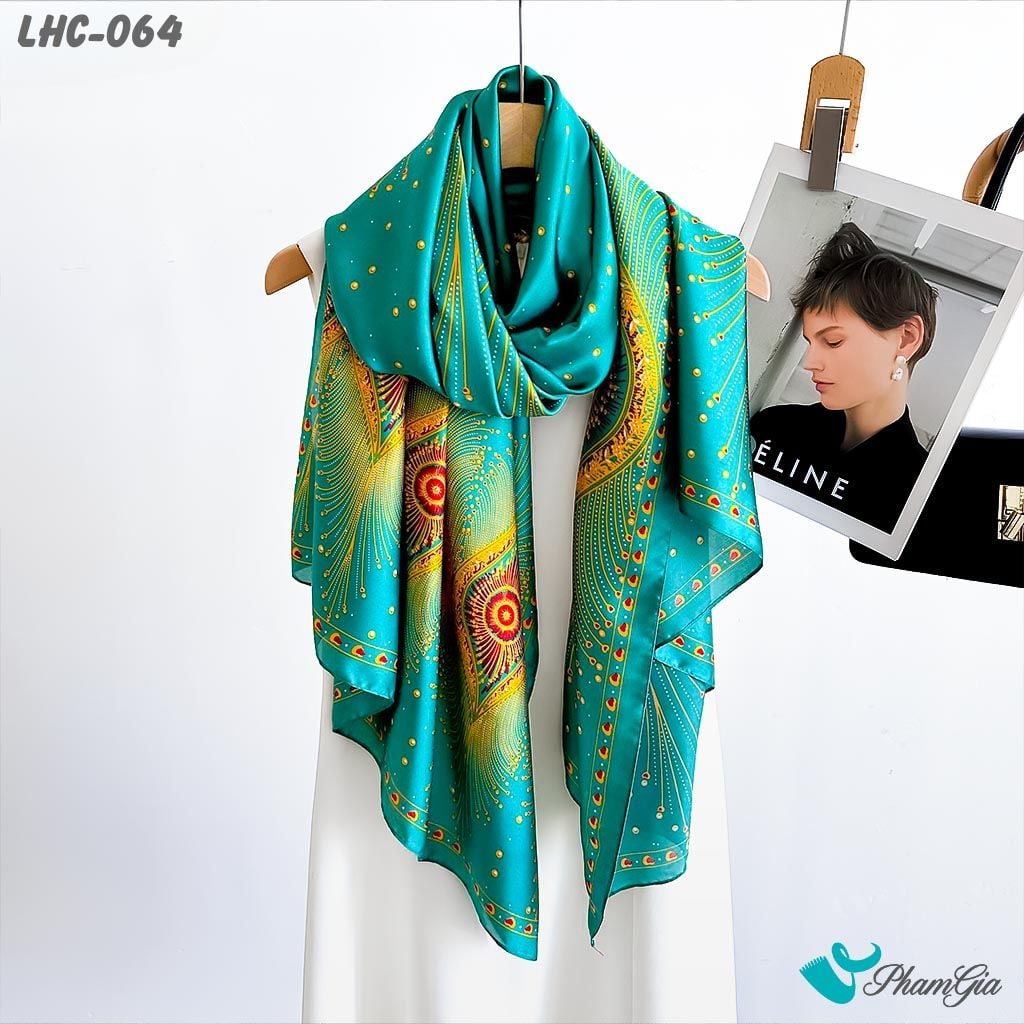 Khăn Choàng Lụa Hàng Châu Họa Tiết Đương Đại Màu Xanh Ngọc Sang Trọng (LHC064)