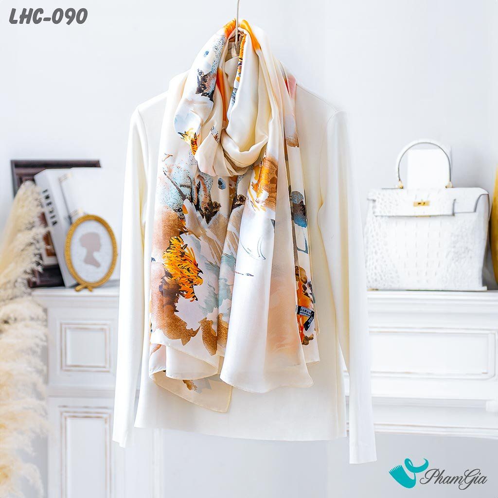 Khăn Lụa Hàng Châu Họa Tiết Hoa Lá Phong Cách Màu Nước Tinh Tế (LHC090)