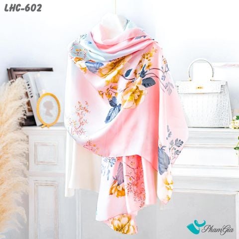 Khăn Lụa Hàng Châu Màu Hồng Baby Họa Tiết Hoa Vàng Thanh Lịch (LHC602)