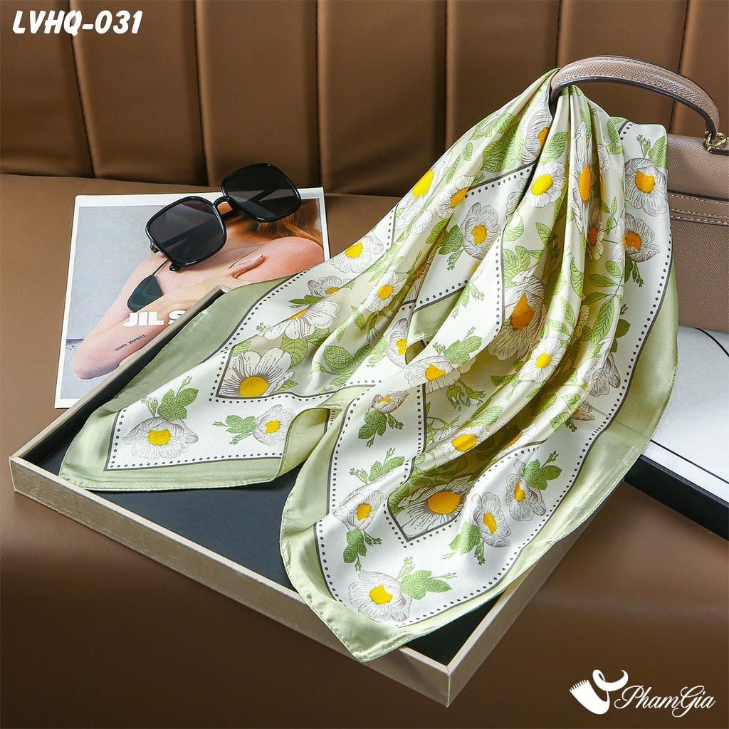 Khăn Lụa Vuông 70*70Cm Phong Cách Hàn Quốc Họa Tiết Hoa Cúc Trắng (LVHQ031)
