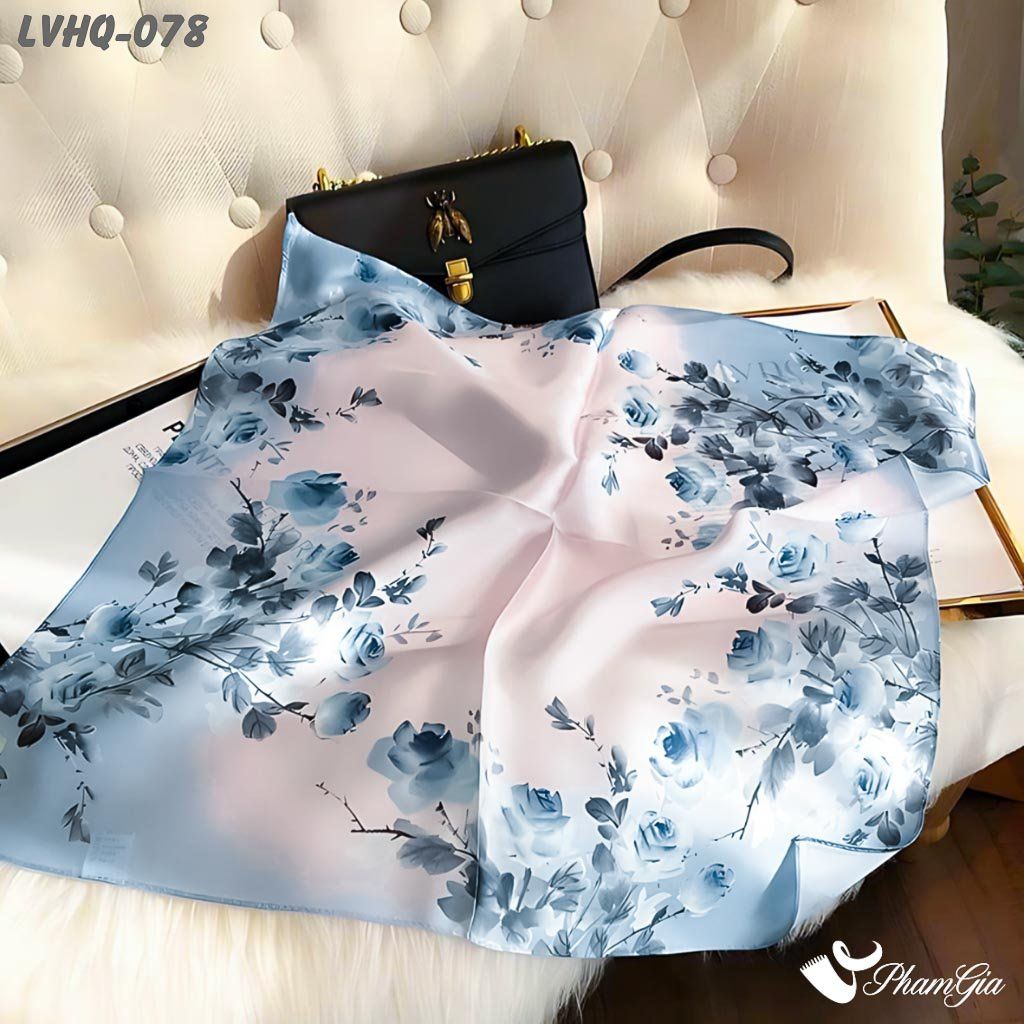 Khăn Lụa Vuông 70*70Cm Phong Cách Hàn Quốc Họa Tiết Hoa Hồng Xanh (LVHQ078)