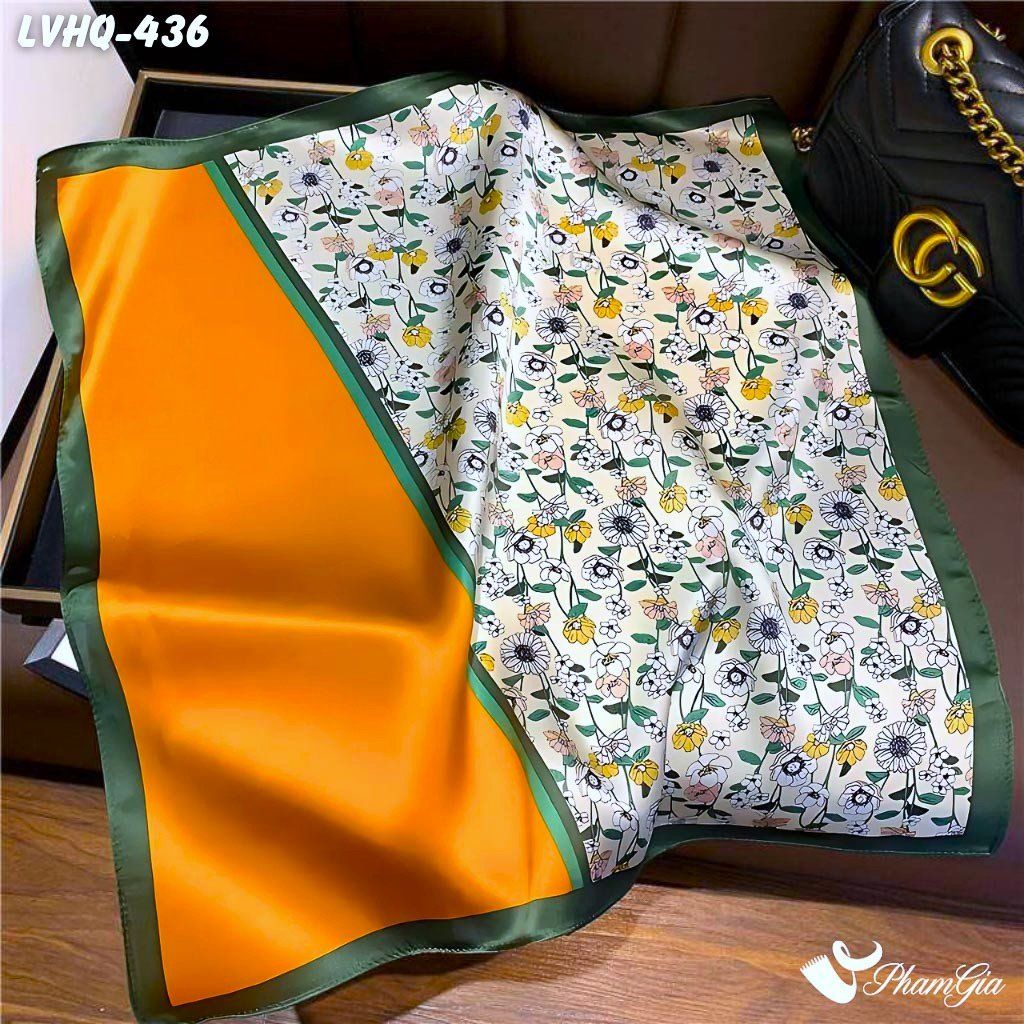 Khăn Lụa Vuông 70*70cm Phong Cách Hàn Quốc Họa Tiết Hoa Nhí Viền Xanh (LVHQ436)