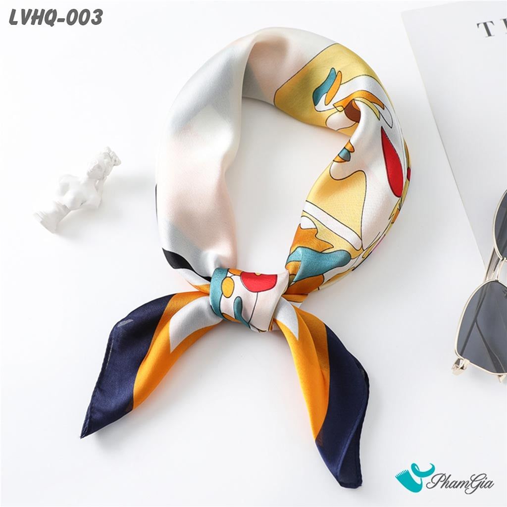 Góc Tổng Thể Khăn Lụa Vuông 70*70cm Phong Cách Hàn Quốc Họa Tiết Cô Gái Màu Cam