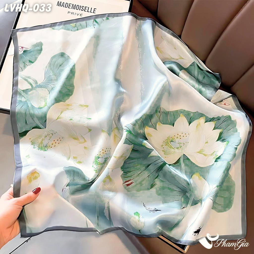 Khăn Lụa Vuông 70*70Cm Phong Cách Hàn Quốc Họa Tiết Hoa Sen Cá Lội (LVHQ033)