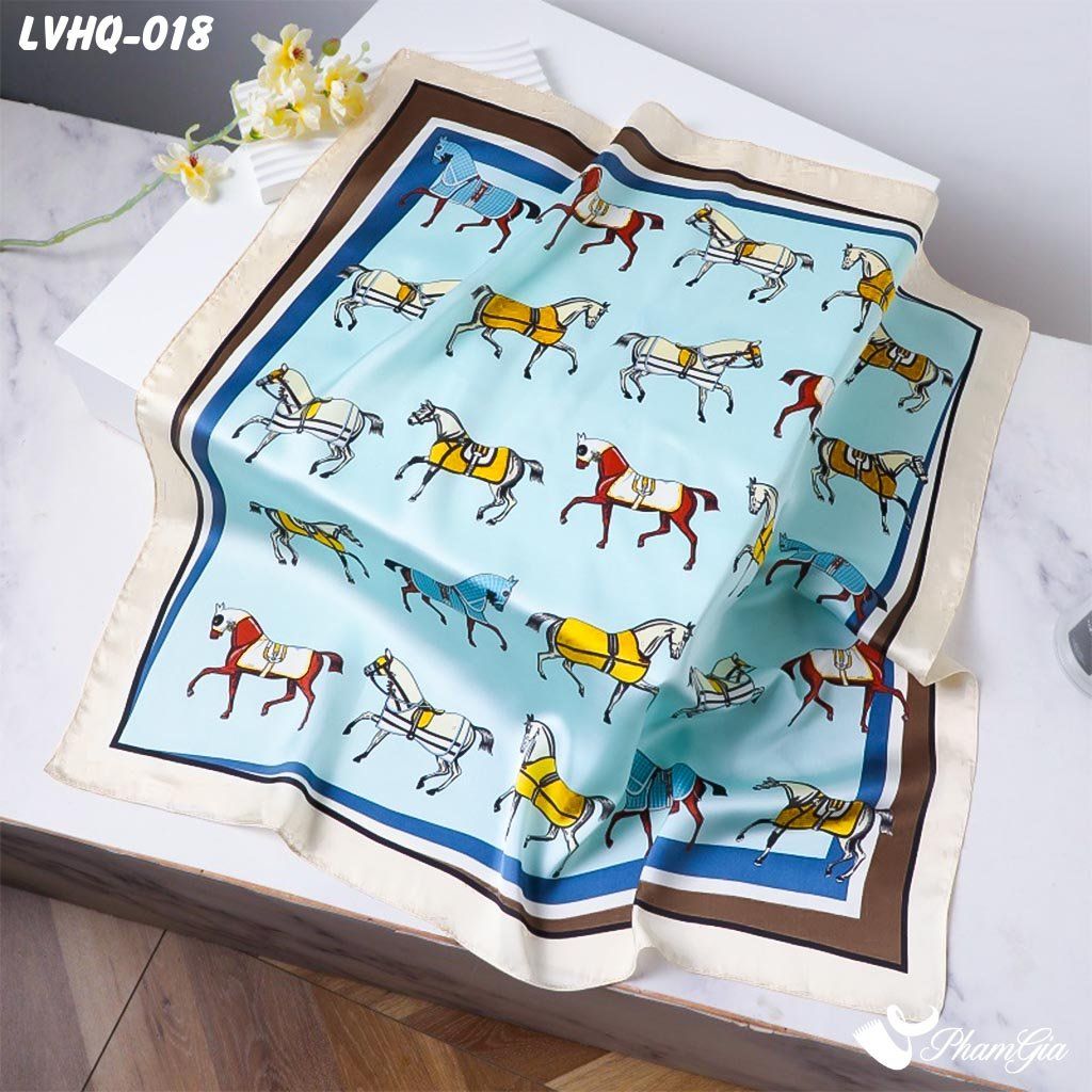 Khăn Lụa Vuông 70*70Cm Phong Cách Hàn Quốc Họa Tiết Ngựa Kỵ Sĩ Viền Kem (LVHQ018)