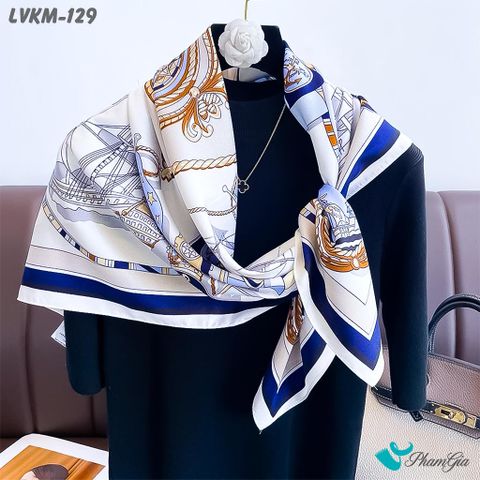 Khăn Lụa Vuông 90*90Cm Họa Tiết Hải Quân Phối Màu Trắng - Xanh (LVKM129)