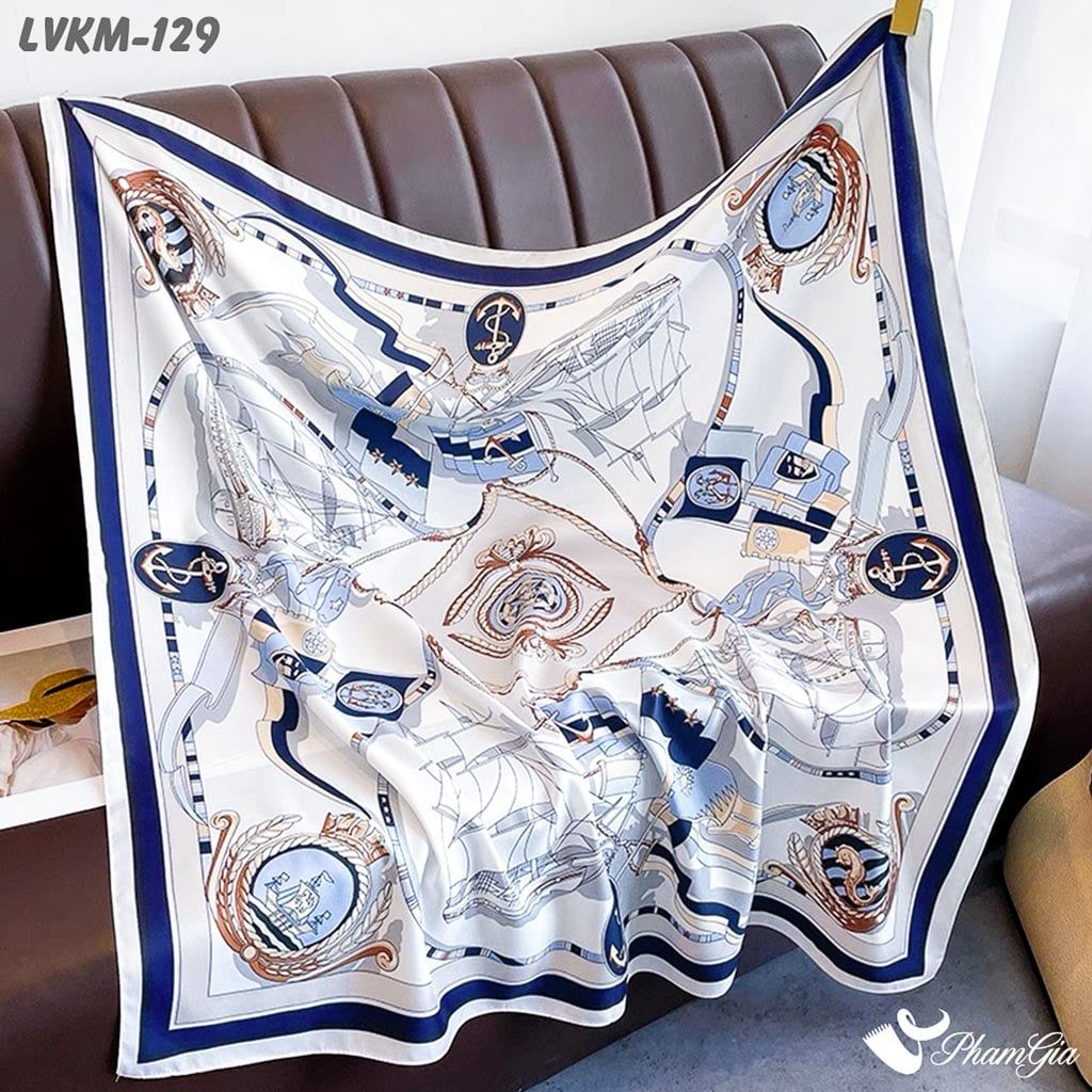 Khăn Lụa Vuông 90*90Cm Họa Tiết Hải Quân Phối Màu Trắng - Xanh (LVKM129)