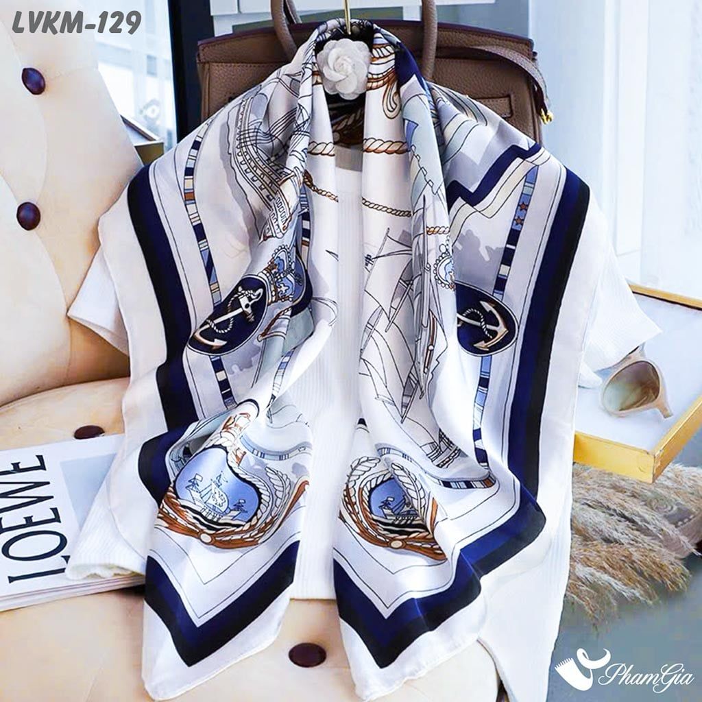Khăn Lụa Vuông 90*90Cm Họa Tiết Hải Quân Phối Màu Trắng - Xanh (LVKM129)