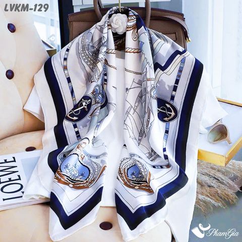 Khăn Lụa Vuông 90*90Cm Họa Tiết Hải Quân Phối Màu Trắng - Xanh (LVKM129)