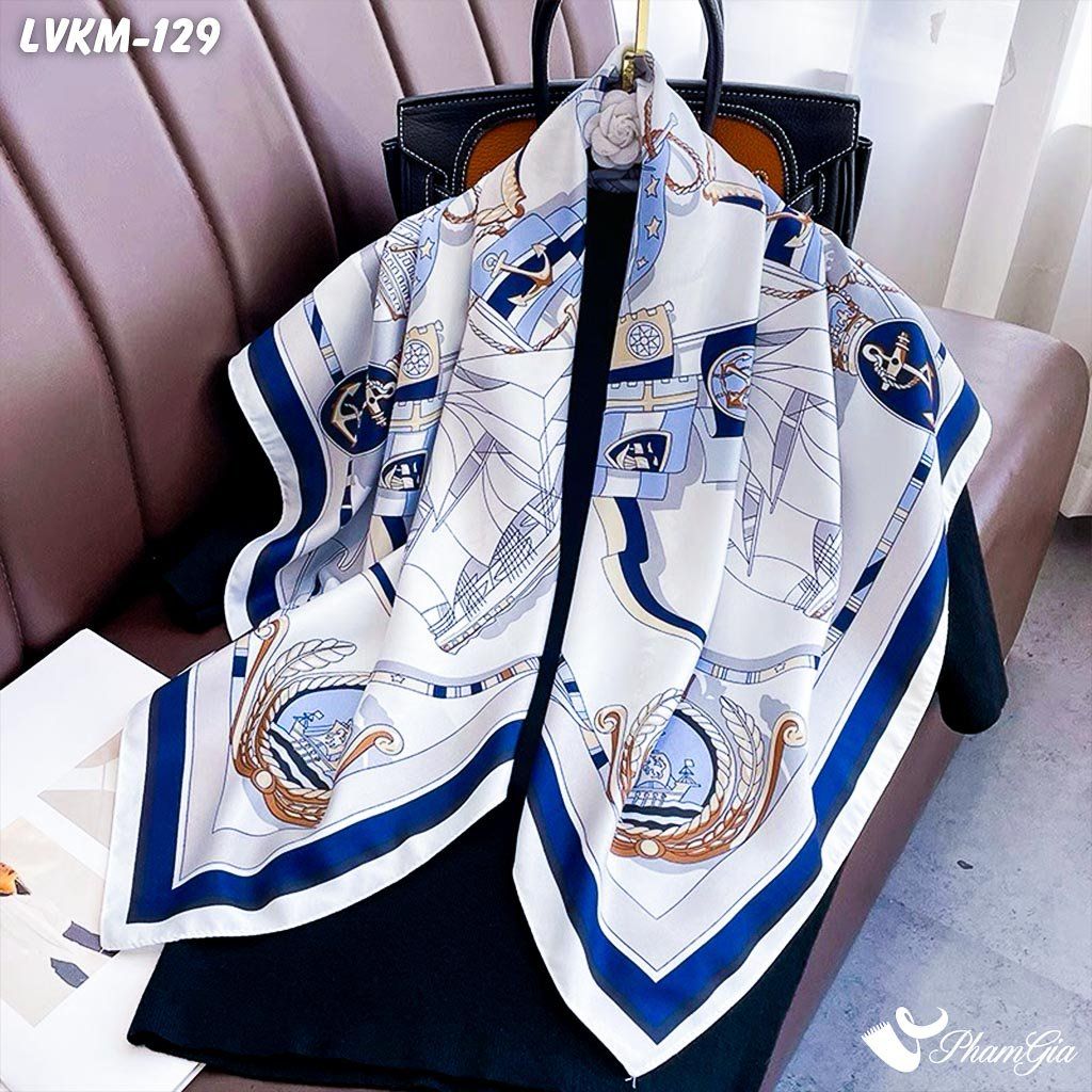 Khăn Lụa Vuông 90*90Cm Họa Tiết Hải Quân Phối Màu Trắng - Xanh (LVKM129)