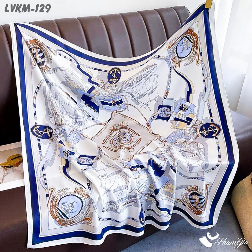 Khăn Lụa Vuông 90*90Cm Họa Tiết Hải Quân Phối Màu Trắng - Xanh (LVKM129)