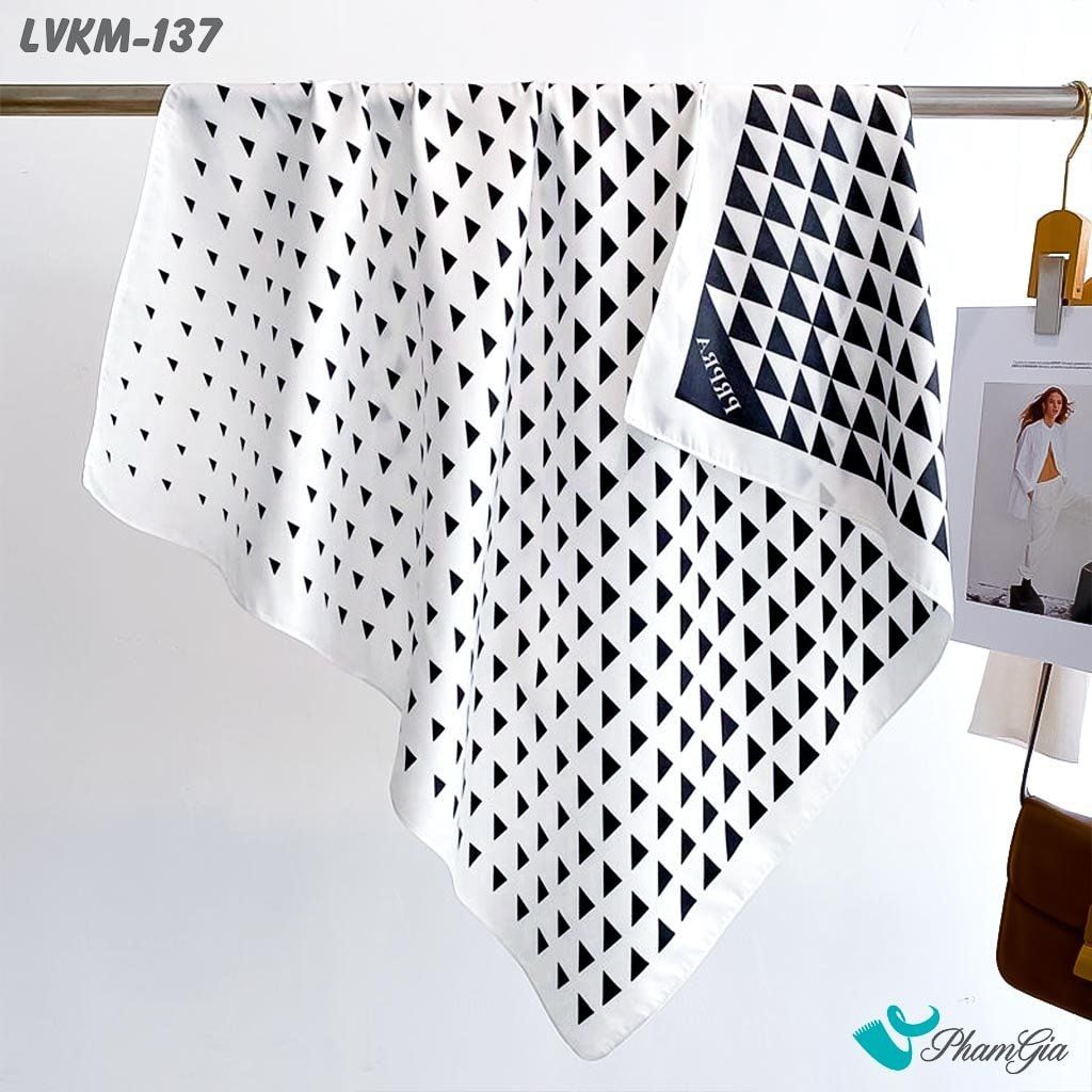 Khăn Lụa Vuông 90*90Cm Họa Tiết Hình Học Phối Màu Trắng - Đen (LVKM137)