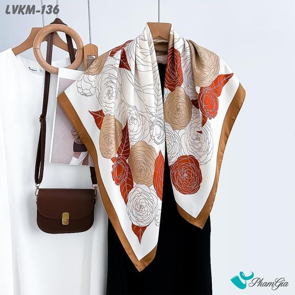 Khăn Lụa Vuông 90*90Cm Họa Tiết Hoa Hồng Phối Màu Cam - Oliu (LVKM136)