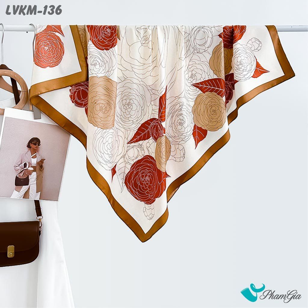 Khăn Lụa Vuông 90*90Cm Họa Tiết Hoa Hồng Phối Màu Cam - Oliu (LVKM136)