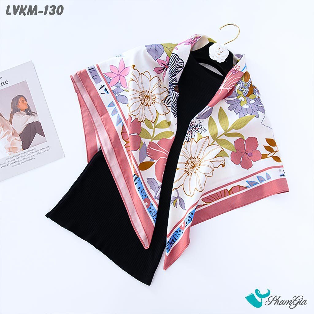 Khăn Lụa Vuông 90*90Cm Họa Tiết Hoa Nhiệt Đới Màu Hồng San Hô (LVKM130)