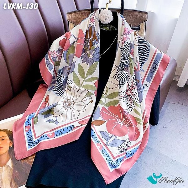 Khăn Lụa Vuông 90*90Cm Họa Tiết Hoa Nhiệt Đới Màu Hồng San Hô (LVKM130)
