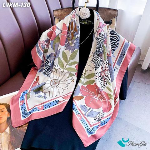 Khăn Lụa Vuông 90*90Cm Họa Tiết Hoa Nhiệt Đới Màu Hồng San Hô (LVKM130)