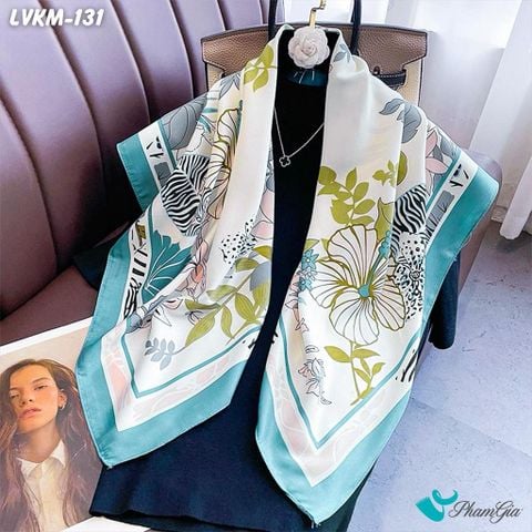 Khăn Lụa Vuông 90*90Cm Họa Tiết Hoa Nhiệt Đới Màu Xanh Ngọc (LVKM131)