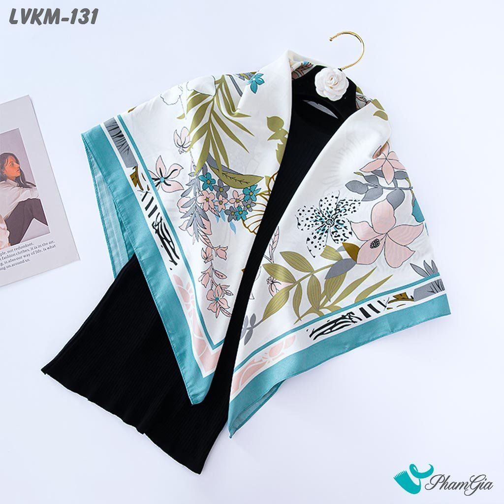 Khăn Lụa Vuông 90*90Cm Họa Tiết Hoa Nhiệt Đới Màu Xanh Ngọc (LVKM131)