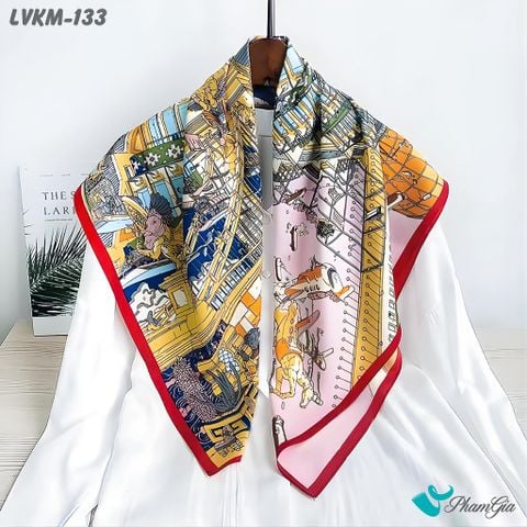 Khăn Lụa Vuông 90*90Cm Họa Tiết La Mã Cổ Điển Viền Cam (LVKM133)
