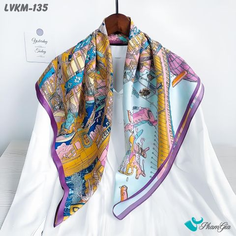 Khăn Lụa Vuông 90*90Cm Họa Tiết La Mã Cổ Điển Viền Tím (LVKM135)