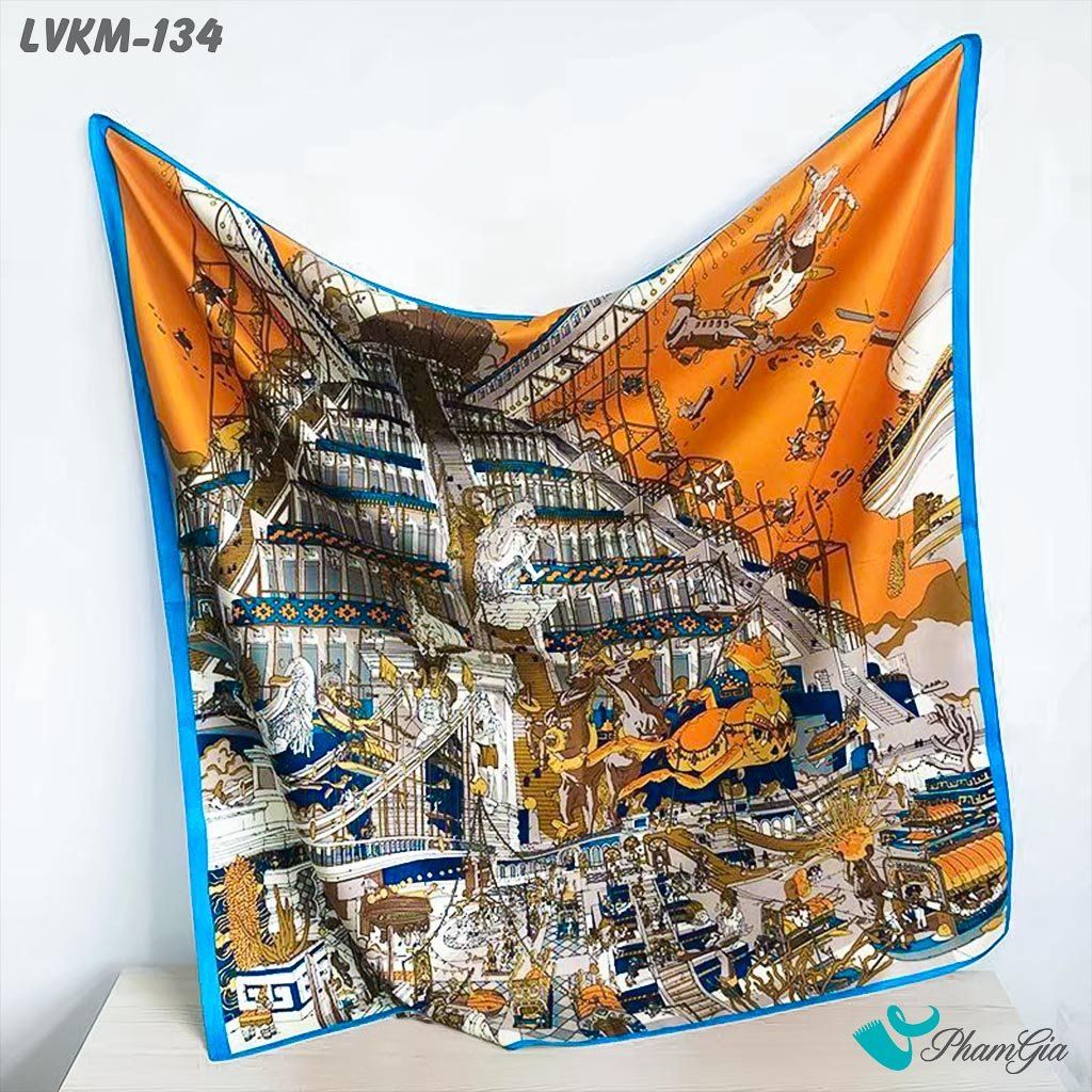 Khăn Lụa Vuông 90*90Cm Họa Tiết La Mã Cổ Điển Viền Xanh (LVKM134)