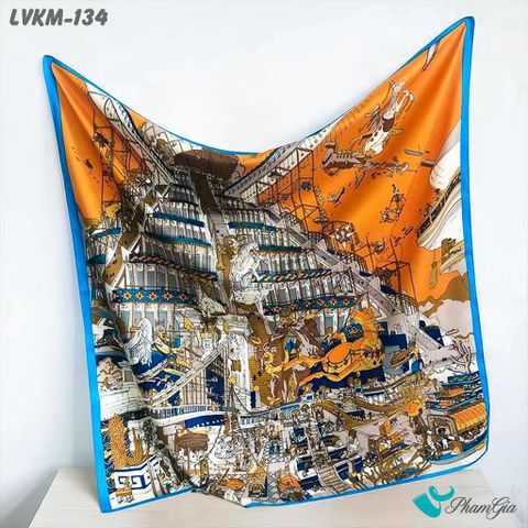 Khăn Lụa Vuông 90*90Cm Họa Tiết La Mã Cổ Điển Viền Xanh (LVKM134)