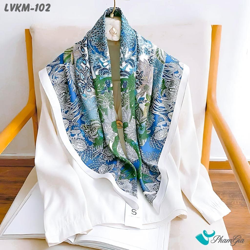 Khăn Lụa Vuông 90*90Cm Cao Cấp Họa Tiết Hoa Lá Phong Cách Botanical (LVKM102)