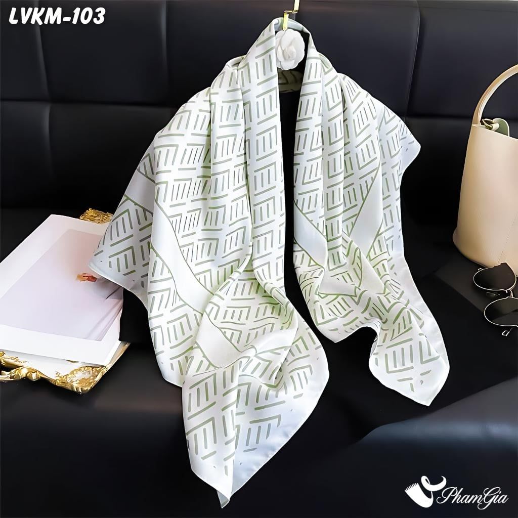 Khăn Lụa Vuông 90*90cm Cao Cấp Họa Tiết Monogram Màu Kem Thanh Lịch (LVKM103)