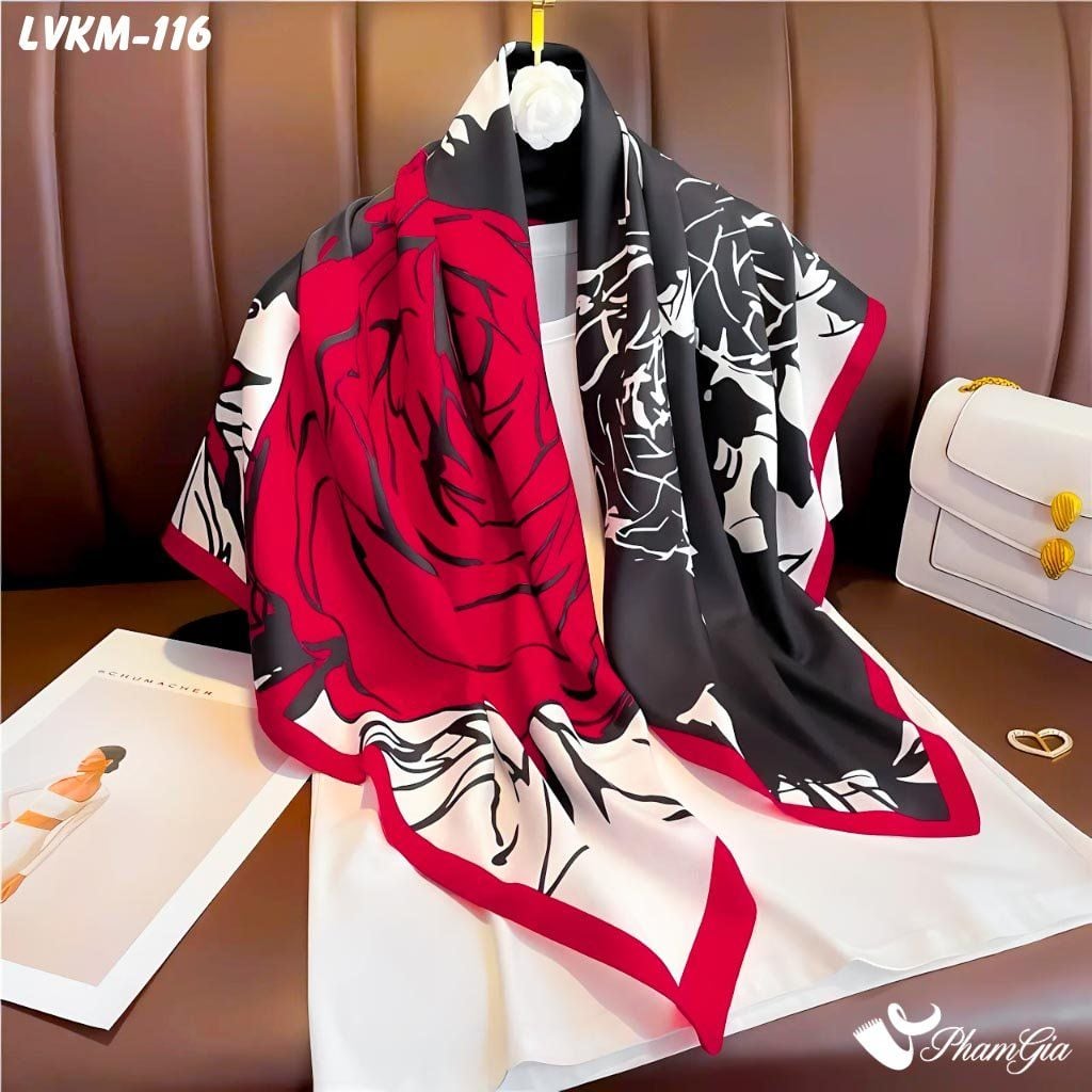 Khăn Lụa Vuông 90*90Cm Họa Tiết Hoa Hồng Màu Đỏ Nổi Bật (LVKM116)