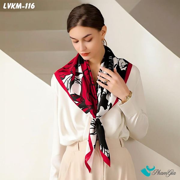 Khăn Lụa Vuông 90*90Cm Họa Tiết Hoa Hồng Màu Đỏ Nổi Bật (LVKM116)