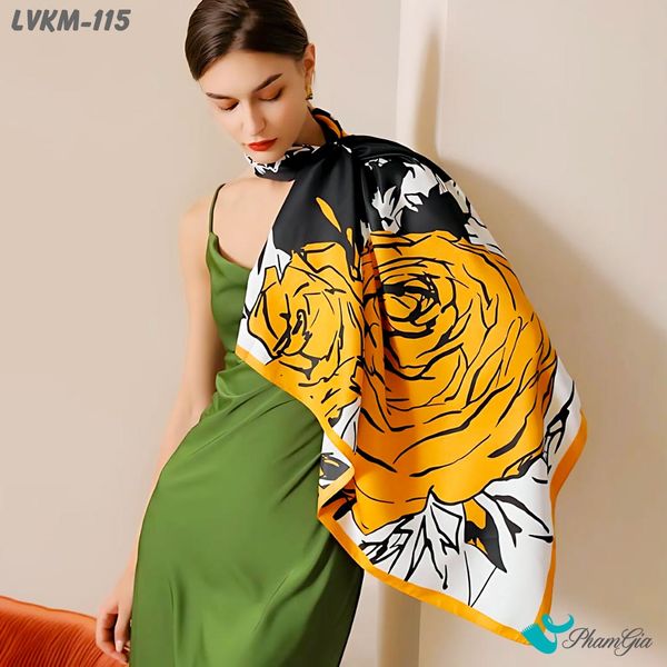 Khăn Lụa Vuông 90*90Cm Họa Tiết Hoa Hồng Màu Vàng Sang Trọng (LVKM115)
