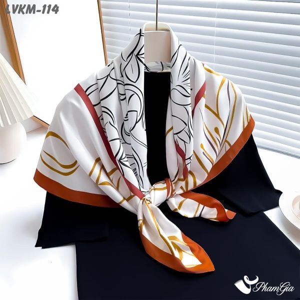 Khăn Lụa Vuông 90*90Cm Họa Tiết Hoa Lily Viền Cam Đất Thanh Lịch (LVKM114)