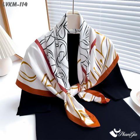 Khăn Lụa Vuông 90*90Cm Họa Tiết Hoa Lily Viền Cam Đất Thanh Lịch (LVKM114)