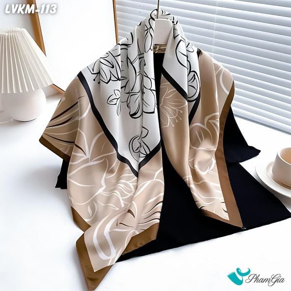 Khăn Lụa Vuông 90*90Cm Họa Tiết Hoa Lily Viền Nâu Thanh Lịch (LVKM113)