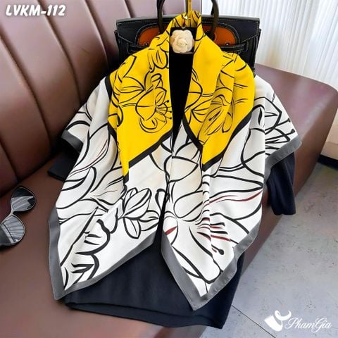 Khăn Lụa Vuông 90*90Cm Họa Tiết Hoa Lily Viền Xám Thanh Lịch (LVKM112)