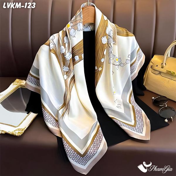 Khăn Lụa Vuông 90*90Cm Họa Tiết Hoa Linh Lan Màu Nâu Tây Thanh Lịch (LVKM123)