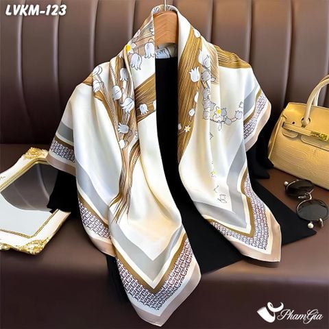 Khăn Lụa Vuông 90*90Cm Họa Tiết Hoa Linh Lan Màu Nâu Tây Thanh Lịch (LVKM123)