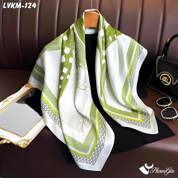 Khăn Lụa Vuông 90*90Cm Họa Tiết Hoa Linh Lan Màu Xanh Bơ Thanh Lịch (LVKM124)