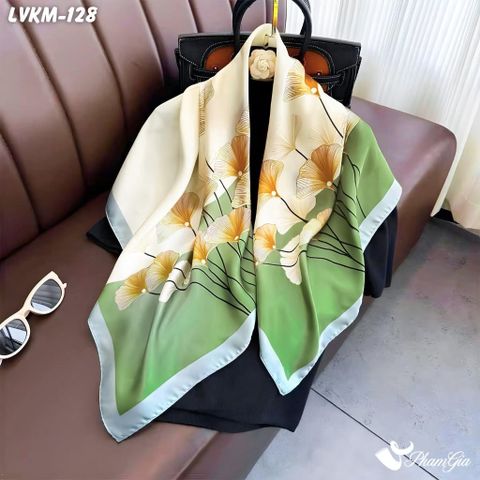 Khăn Lụa Vuông 90*90Cm Họa Tiết Hoa Rẻ Quạt Phối Nền Kem Trang Nhã (LVKM128)