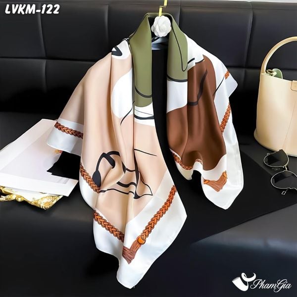 Khăn Lụa Vuông 90*90Cm Họa Tiết Retro Phối Màu Nền Kem Thanh Lịch (LVKM122)