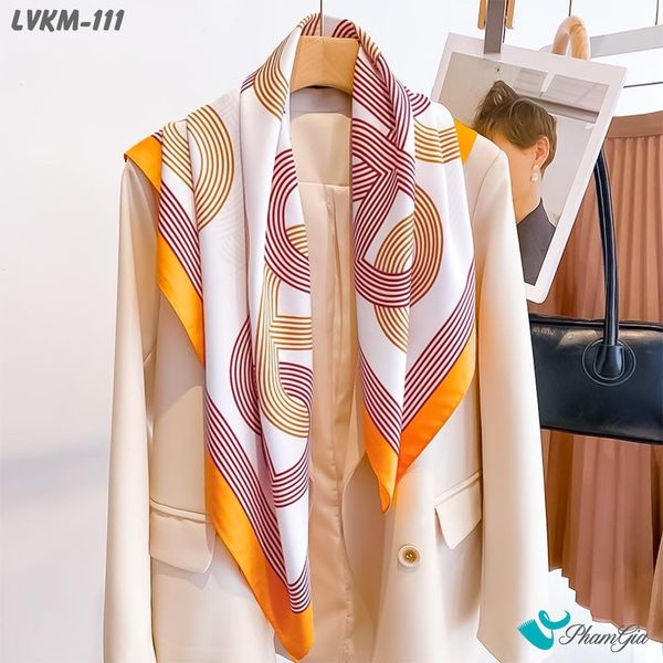 Khăn Lụa Vuông 90*90Cm Họa Tiết Retro Phối Viền Cam Hiện Đại (LVKM111)