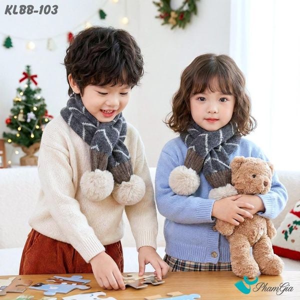 Khăn Len Giữ Ấm Cao Cấp Cho Bé Phối Họa Tiết Kẻ Sọc Màu Xám Dễ Thương (KLBB103)