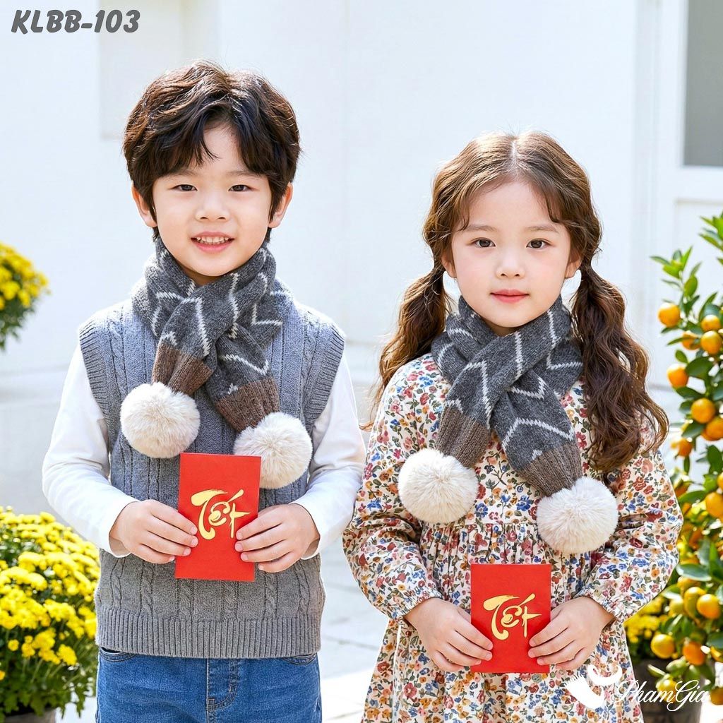 Khăn Len Giữ Ấm Cao Cấp Cho Bé Phối Họa Tiết Kẻ Sọc Màu Xám Dễ Thương (KLBB103)