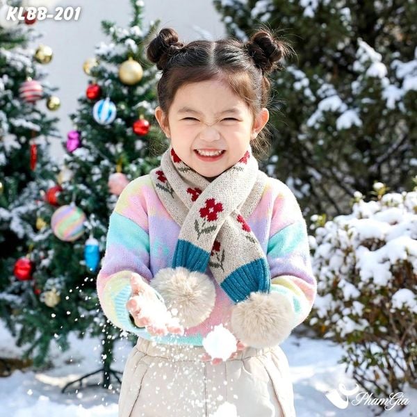 Khăn Len Giữ Ấm Cao Cấp Cho Bé Phối Họa Tiết Bông Hoa Nhỏ Màu Đỏ Xinh Xắn (KLBB201)