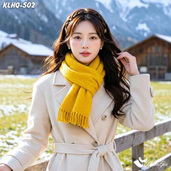 Khăn Len Giữ Ấm Phối Tua Rua Phong Cách Hàn Quốc Màu Vàng Nghệ (KLHQ502)