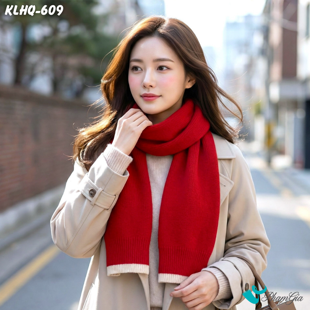 Khăn Choàng Len Giữ Ấm Cao Cấp Màu Đỏ Phối Viền Trắng (KLHQ609)
